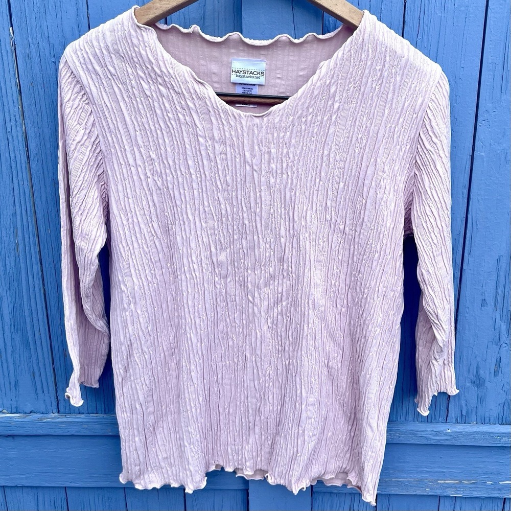 Haystacks Small Light Pink Ruched Textured Top Stretchy Women's V Neck